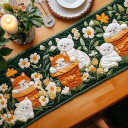 Cats Among White Daisies on Green Table Runner - Made to Order TABLE928
