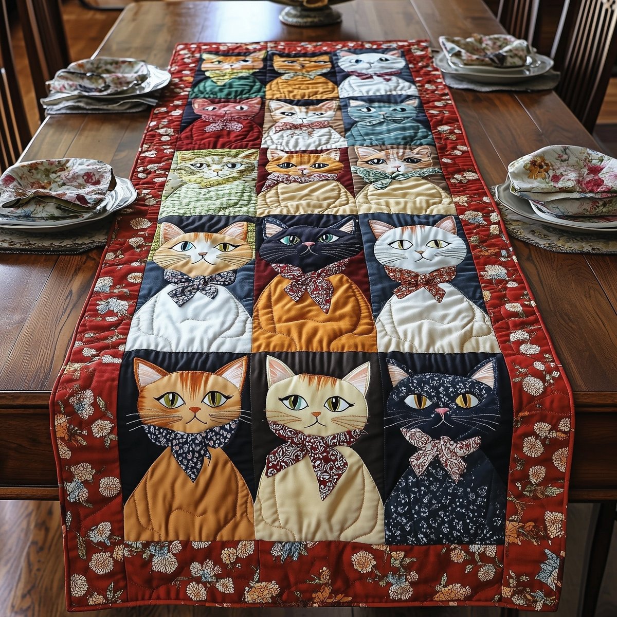 Cat Faces in Patchwork Squares Table Runner - Made to Order TABLE928