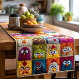 Cartoon Chicken Faces in Bright Blocks Table Runner - Made to Order TABLE928