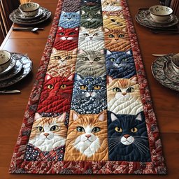 Cats in Red and Blue Columns Table Runner - Made to Order TABLE928
