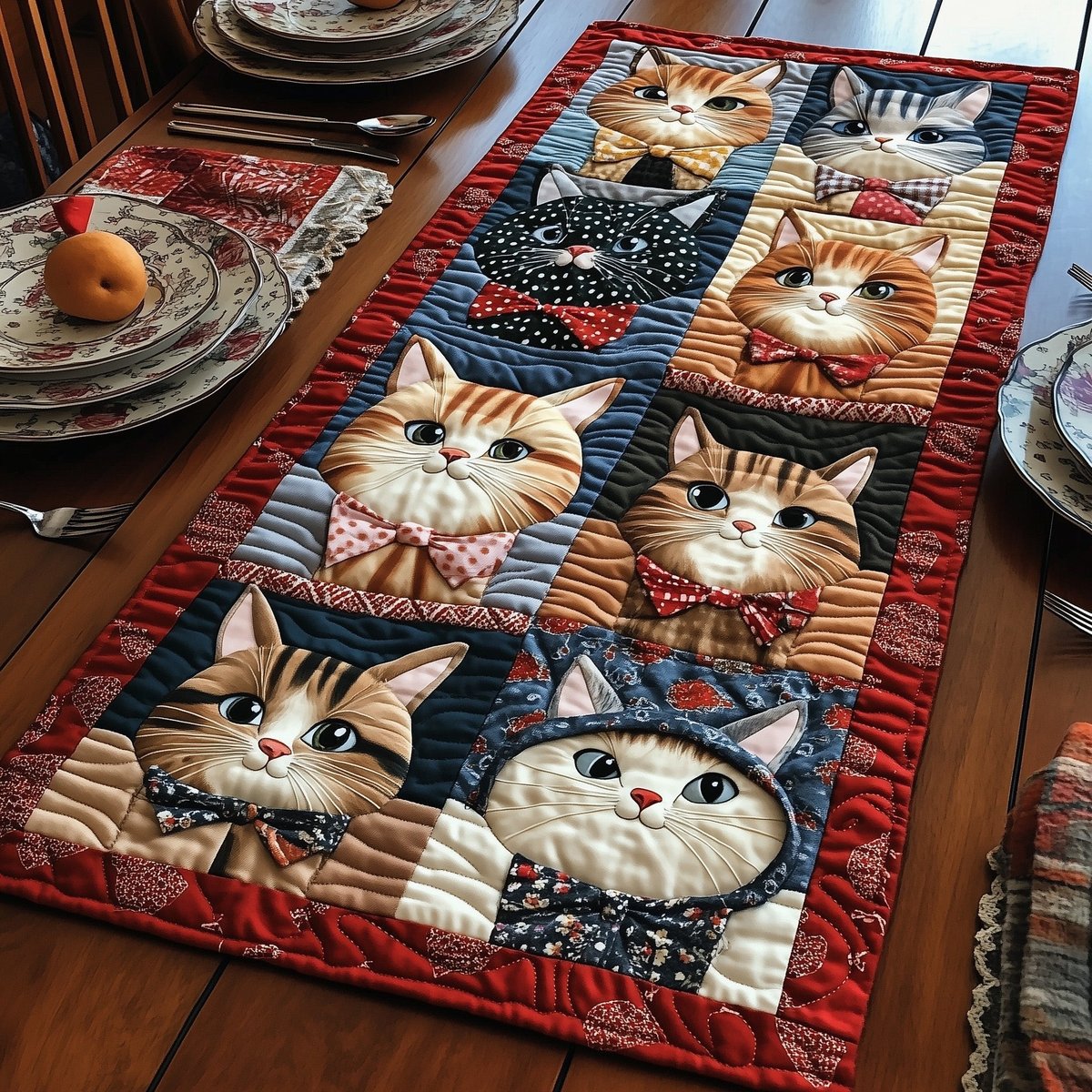 Cats Peeking from Navy Squares Table Runner - Made to Order TABLE928