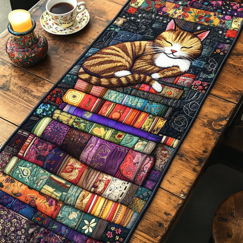 Cat Napping on a Bookshelf Table Runner - Made to Order TABLE928