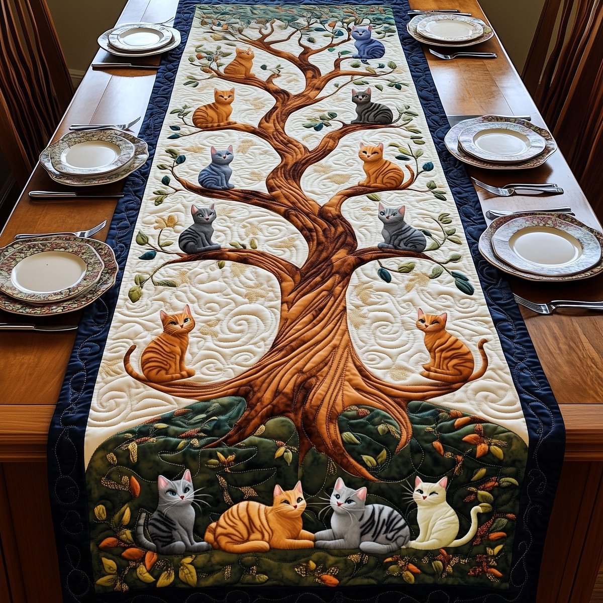 Cats Around a Spreading Oak Table Runner - Made to Order TABLE928