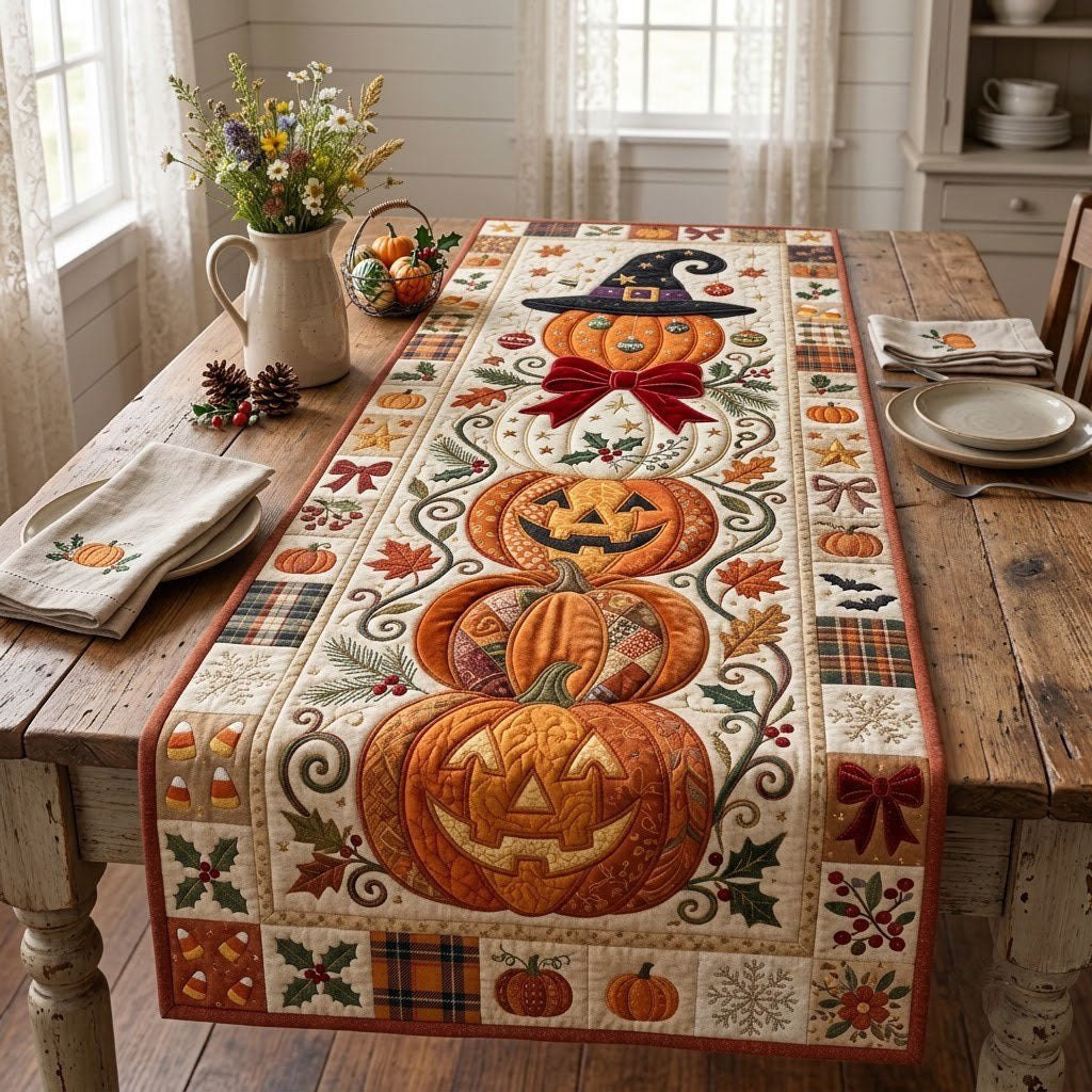 Carved Pumpkins in Autumn Blocks Table Runner - Made to Order TABLE928