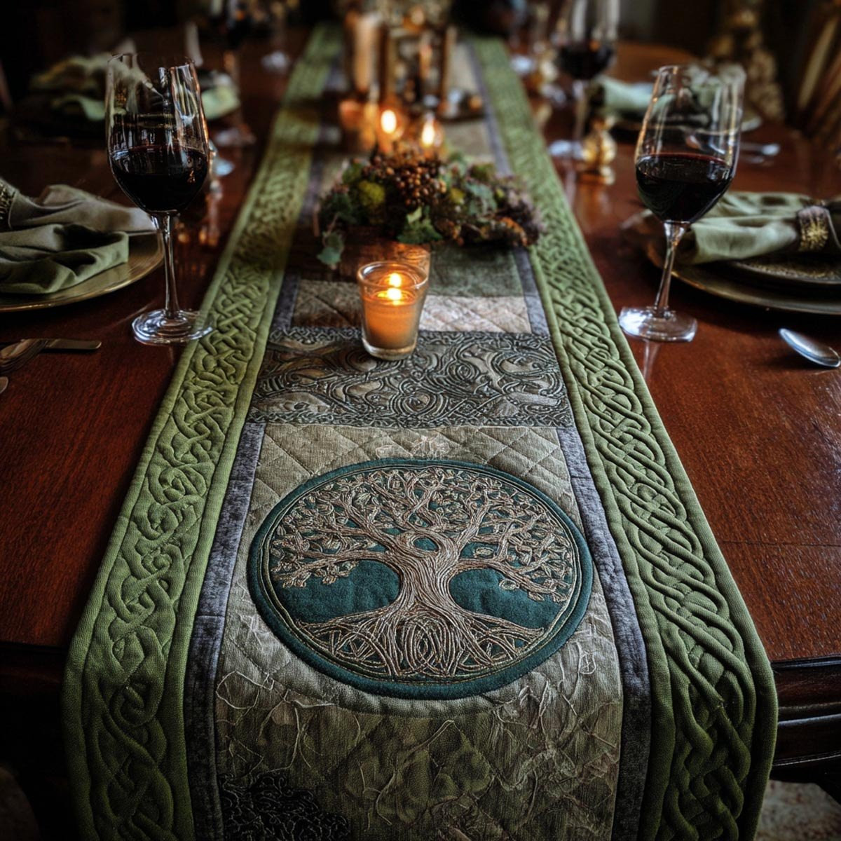Celtic Tree Medallion on Sage Table Runner - Made to Order TABLE928
