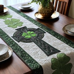 Celtic Cross with Green Shamrocks Table Runner - Made to Order TABLE928