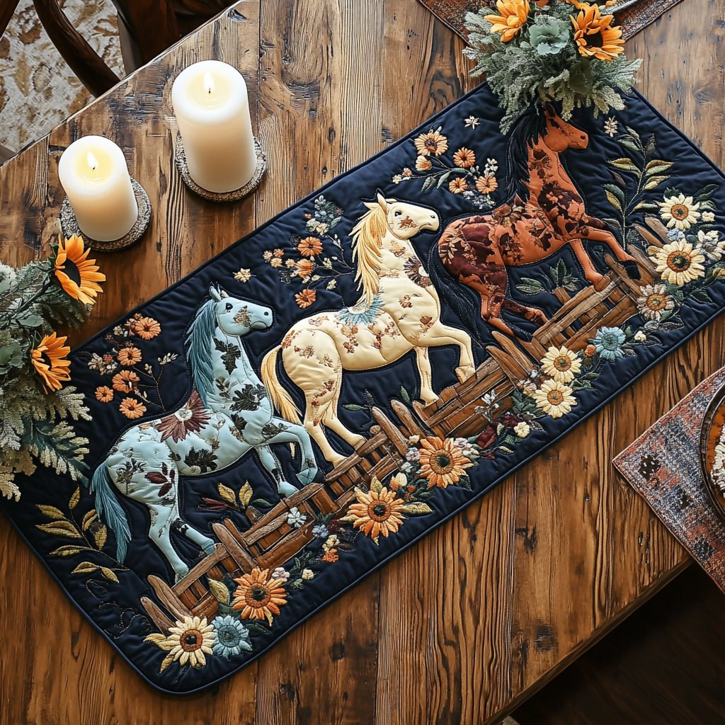 Carousel Horses with Sunflowers on Navy Table Runner - Made to Order TABLE928