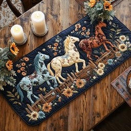 Carousel Horses with Sunflowers on Navy Table Runner - Made to Order TABLE928
