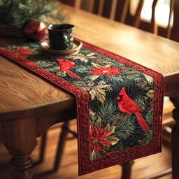 Cardinal with Red Poinsettias Table Runner - Made to Order TABLE928