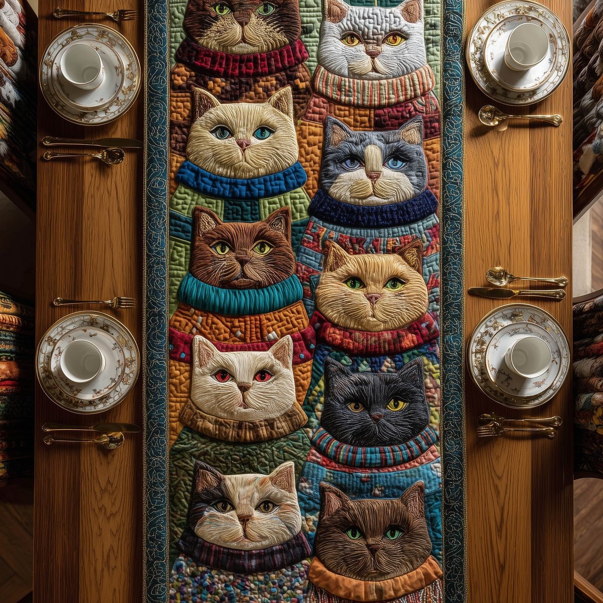 Cats in Columns with Stripes Table Runner - Made to Order TABLE928