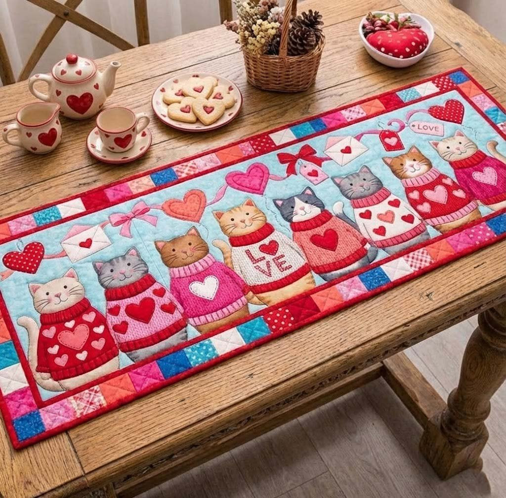 Cat Faces in Pink Love Squares Table Runner - Made to Order TABLE928