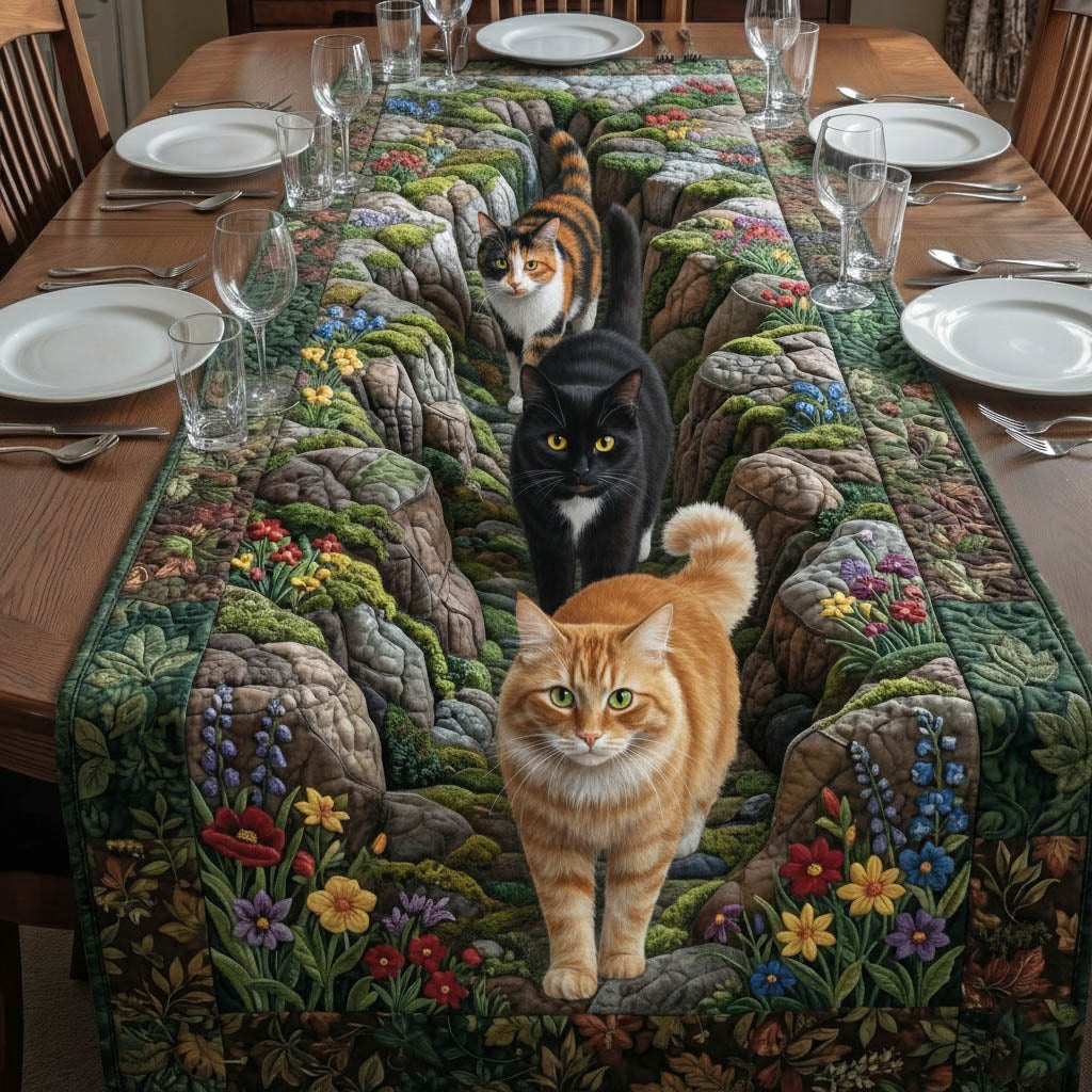Cats on Flowering Rock Wall Table Runner - Made to Order TABLE928