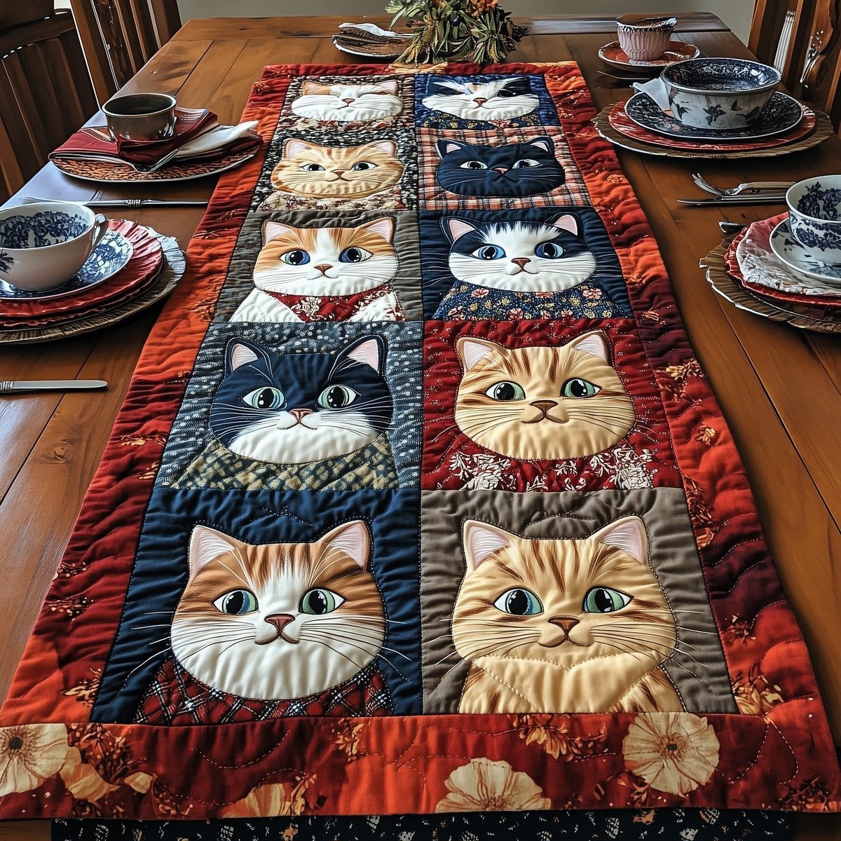 Cat Faces in Denim Blue Panes Table Runner - Made to Order TABLE928