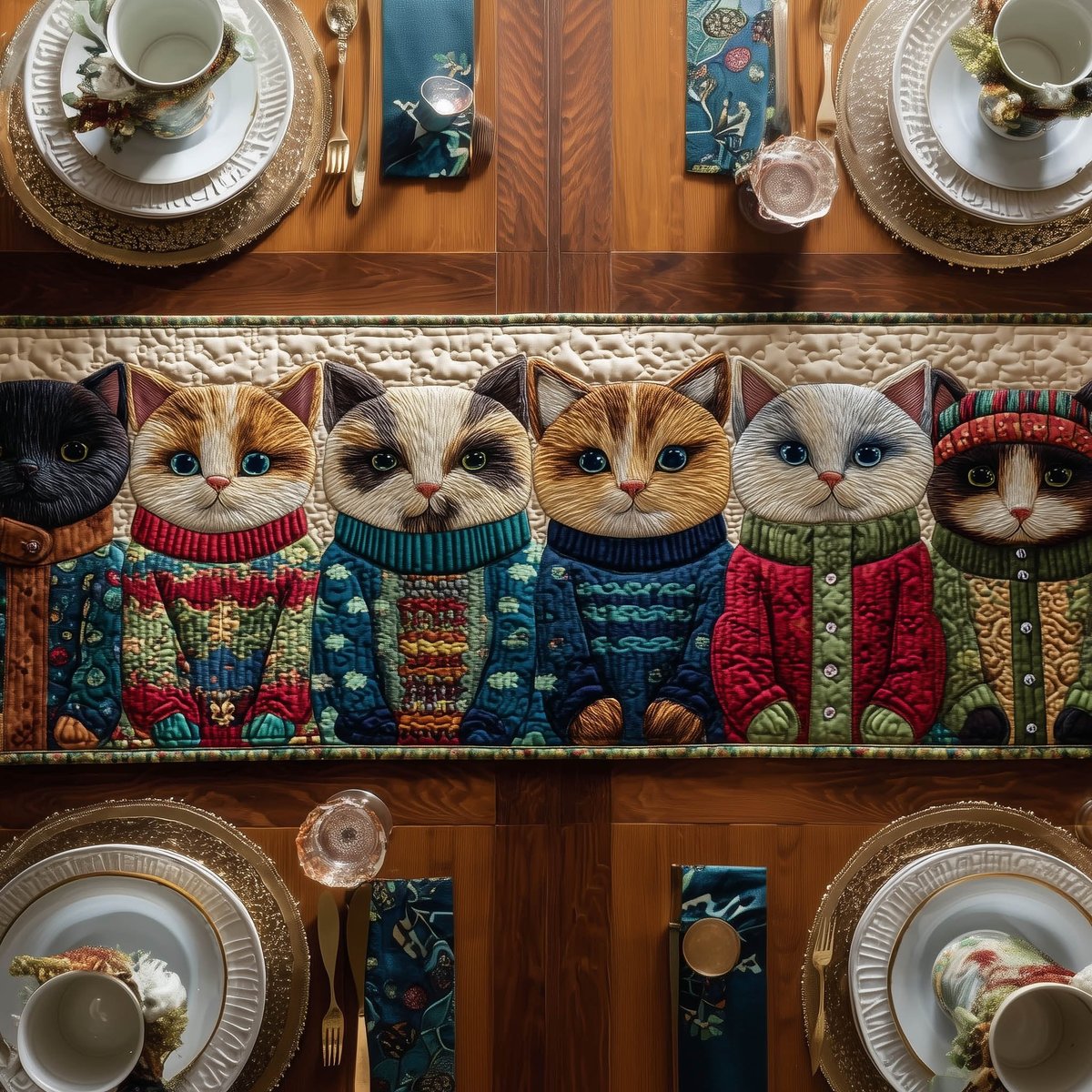 Cats in Knitted Sweaters Table Runner - Made to Order TABLE928