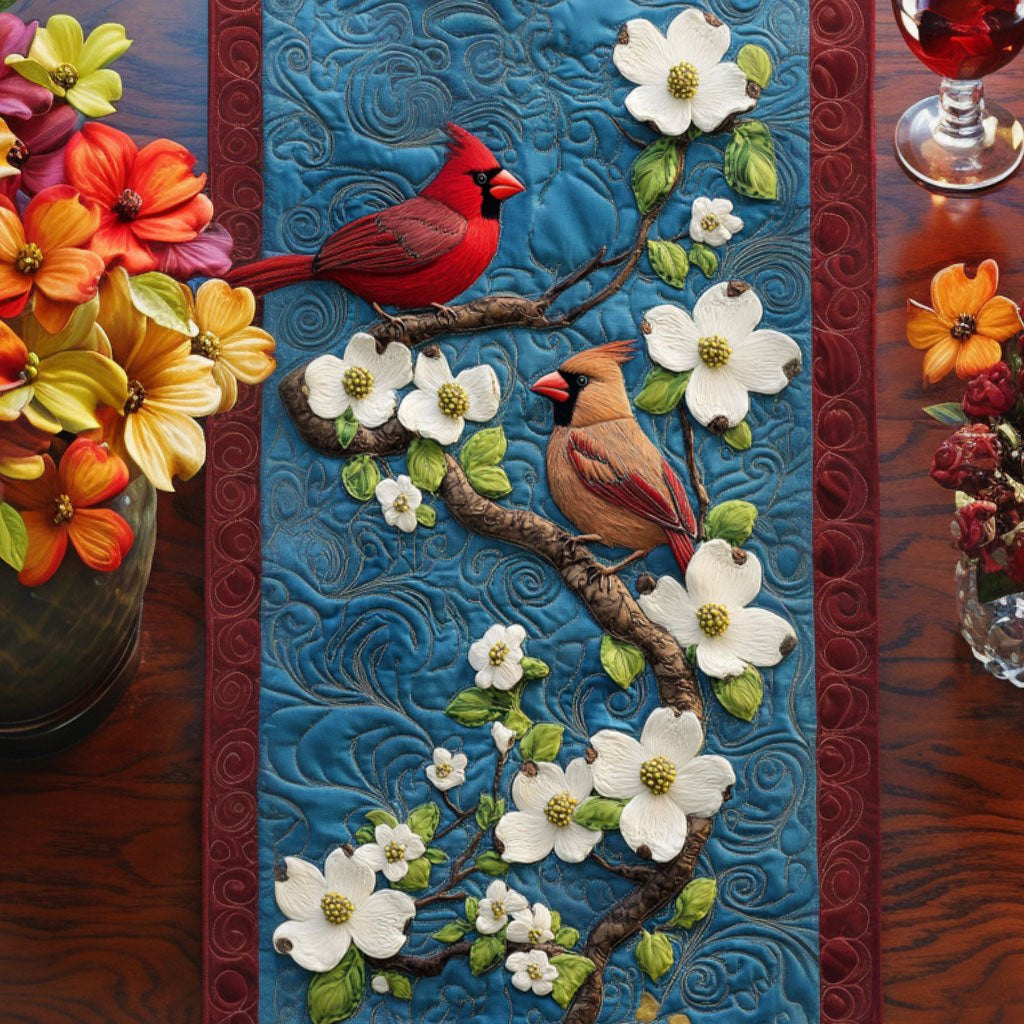 Cardinals on Dogwood with Blue Panel Table Runner - Made to Order TABLE928