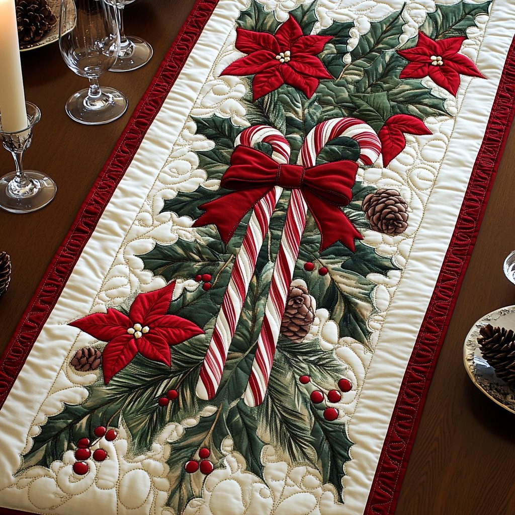 Candy Cane with Poinsettia and Bow Table Runner - Made to Order TABLE928