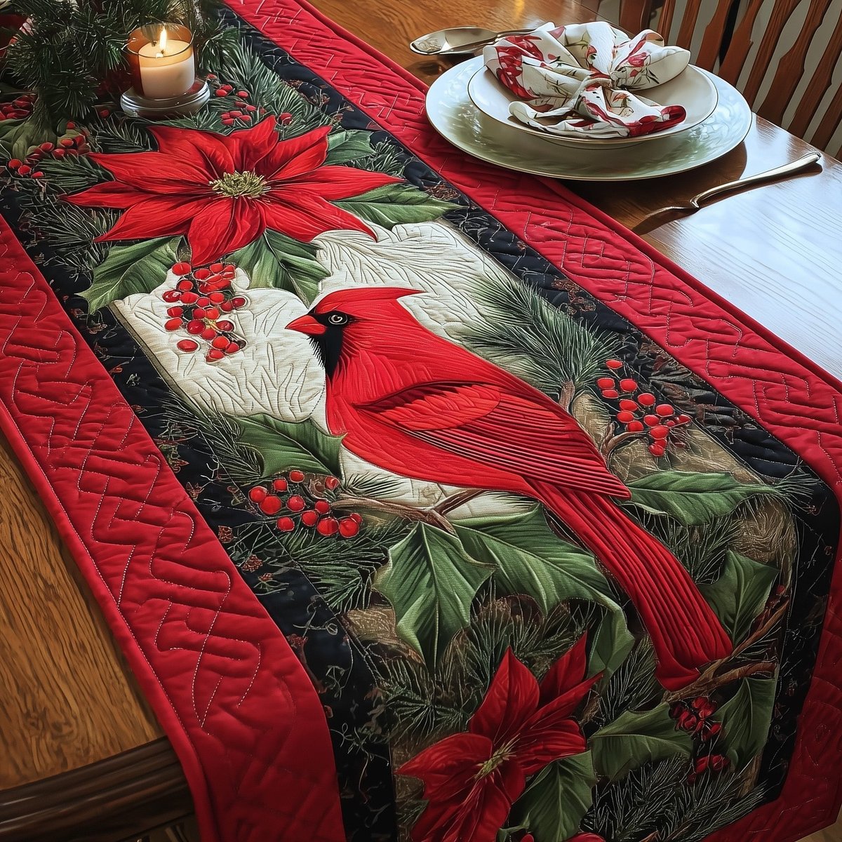 Cardinal with Poinsettia on Red Table Runner - Made to Order TABLE928