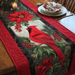 Cardinal with Poinsettia on Red Table Runner - Made to Order TABLE928