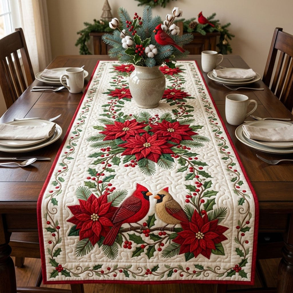 Cardinals with Red Poinsettias Table Runner - Made to Order TABLE928