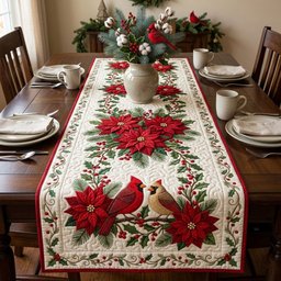 Cardinals with Red Poinsettias Table Runner - Made to Order TABLE928