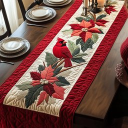 Cardinal Beauty Cardinal with Poinsettia on Red Table Runner - Made to Order TABLE928