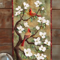 Cardinal on White Dogwood Branch Table Runner - Made to Order TABLE928