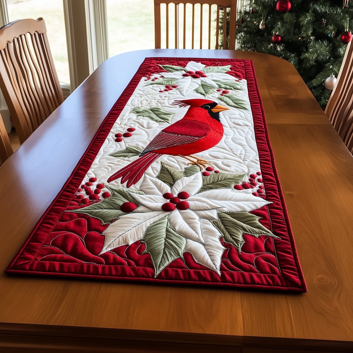 Cardinal on White Poinsettia Table Runner - Made to Order TABLE928