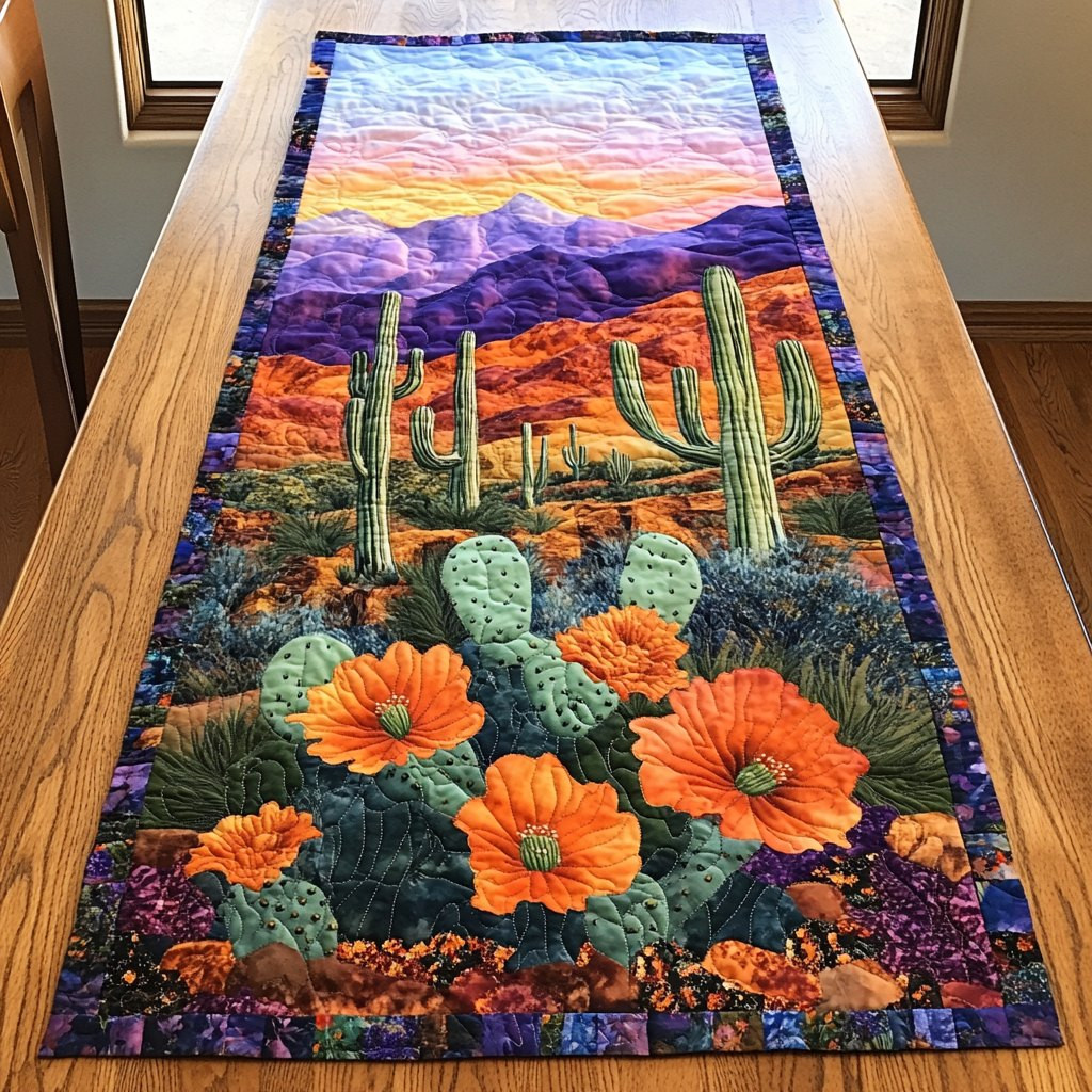 Cactus with Orange Desert Blooms Table Runner - Made to Order TABLE928