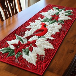 Cardinal Among Red and White Blooms Table Runner - Made to Order TABLE928