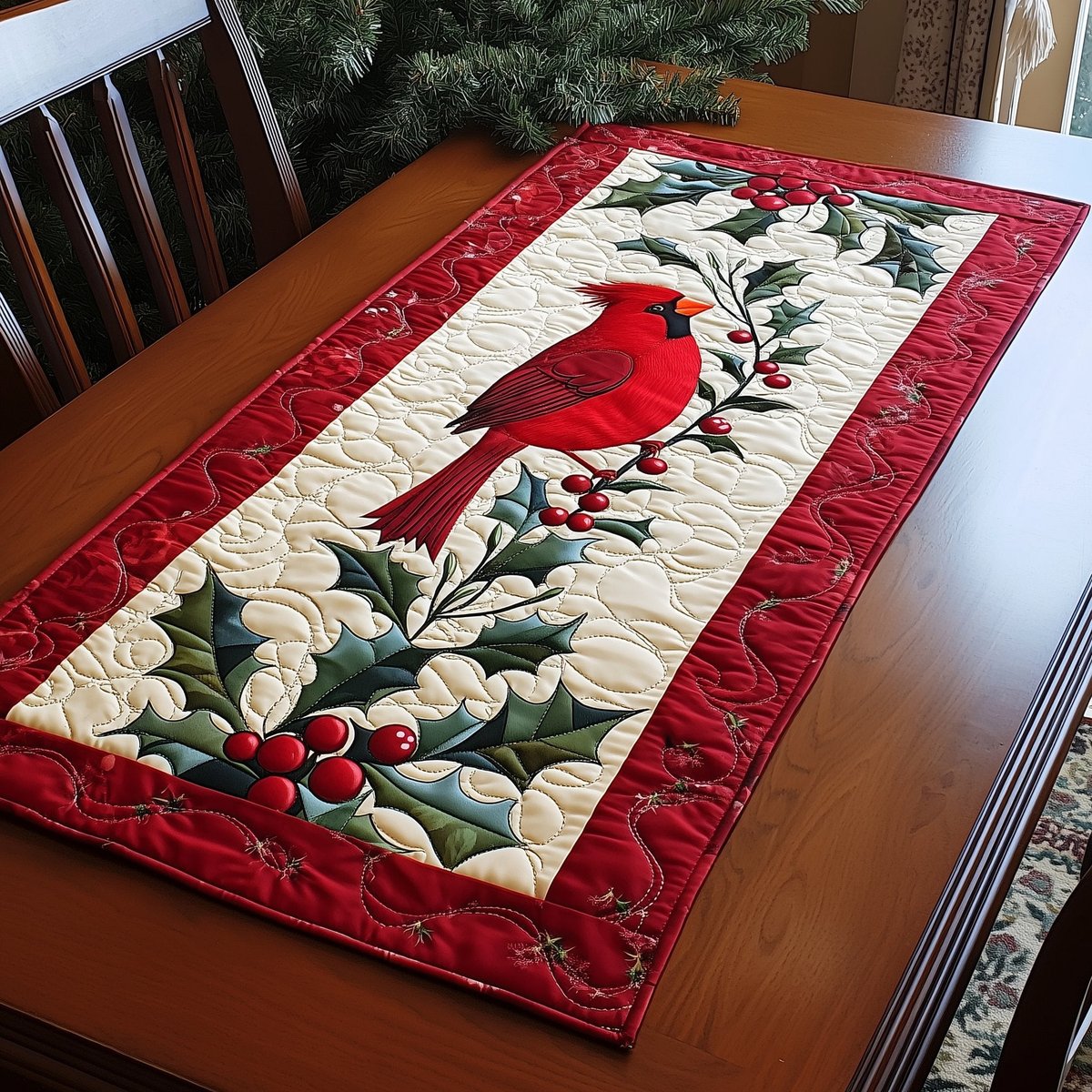 Cardinal on Holly with Poinsettia Table Runner - Made to Order TABLE928