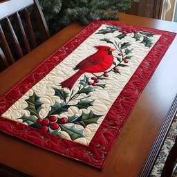 Cardinal on Holly with Poinsettia Table Runner - Made to Order TABLE928