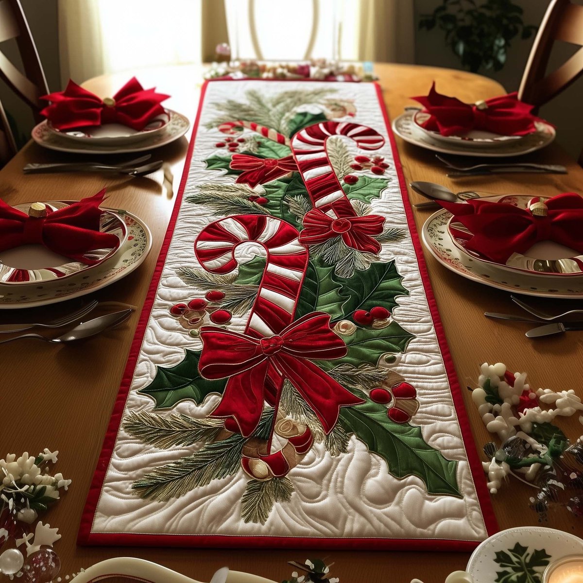 Candy Cane with Red Bow Table Runner - Made to Order TABLE928