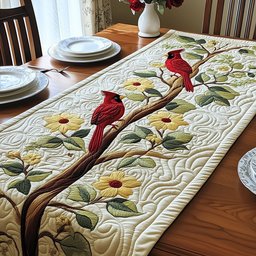Cardinal on a Branch with Daisies Table Runner - Made to Order TABLE928