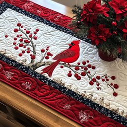Cardinal on a Red Berry Branch Table Runner - Made to Order TABLE928