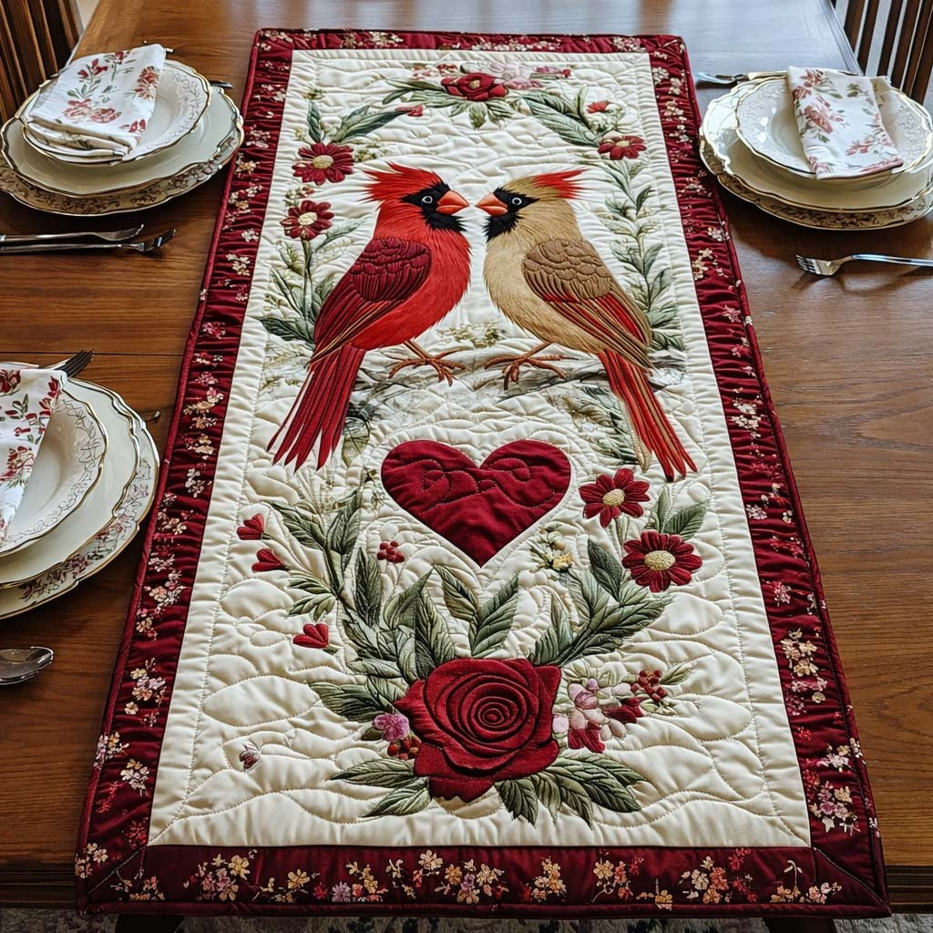 Cardinals with Heart and Roses Table Runner - Made to Order TABLE928