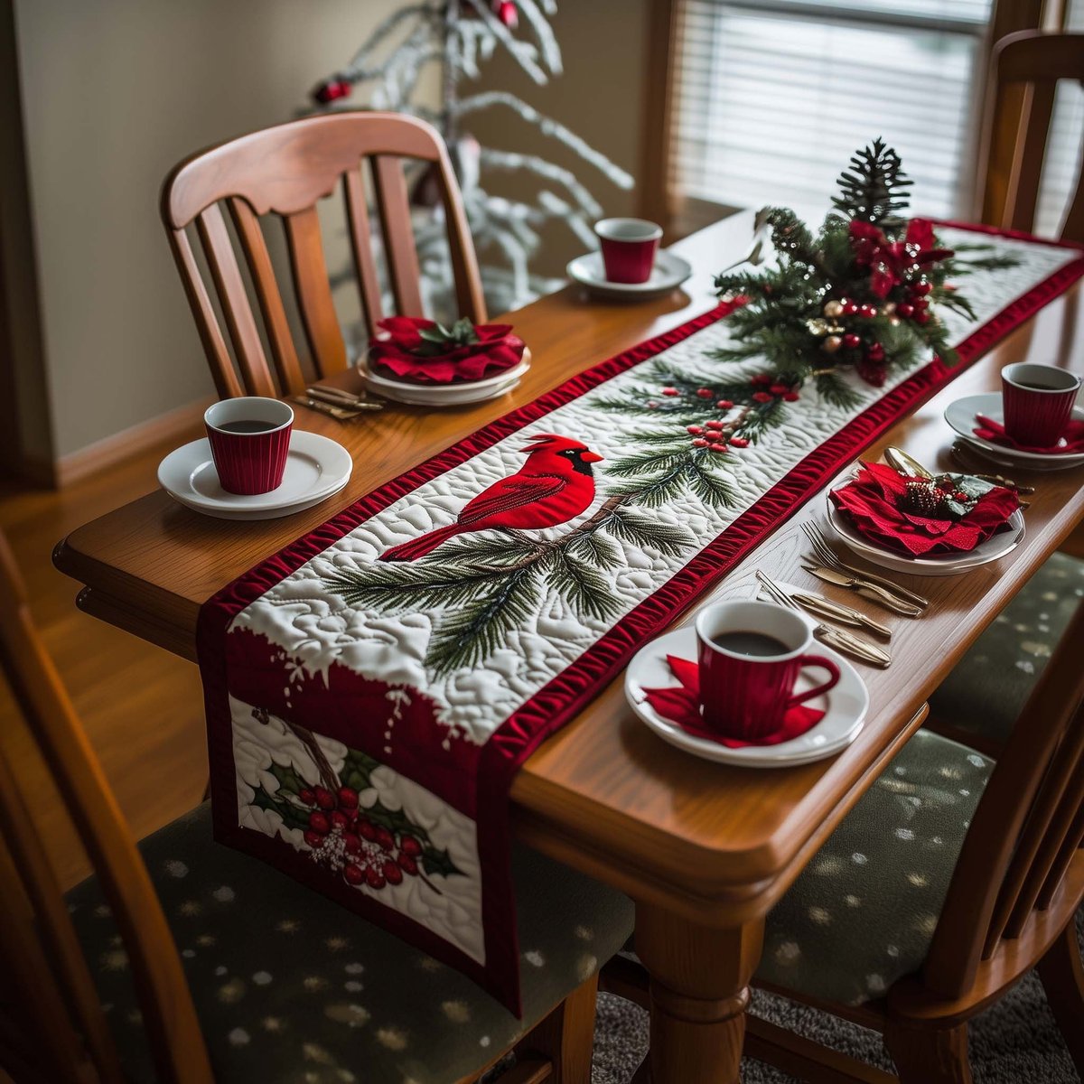 Cardinal with Pine and Berries Table Runner - Made to Order TABLE928