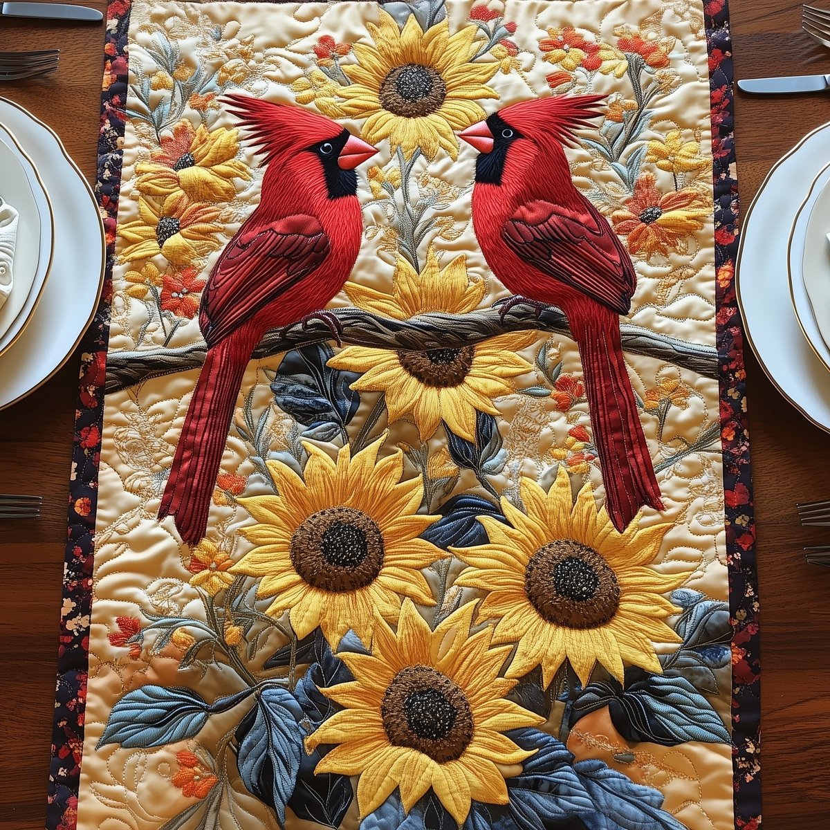 Cardinals Among Golden Sunflowers Table Runner - Made to Order TABLE928