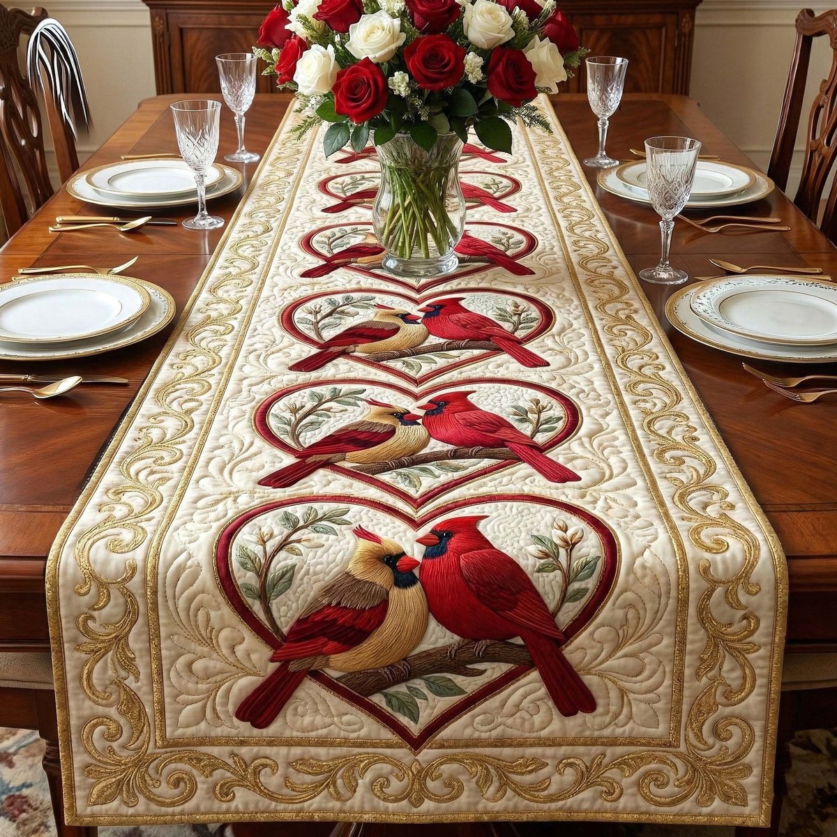 Cardinals on Ivory Heart Panel Table Runner - Made to Order TABLE928