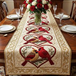 Cardinals on Ivory Heart Panel Table Runner - Made to Order TABLE928