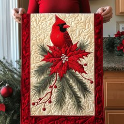 Cardinal with Poinsettia and Pine Table Runner - Made to Order TABLE928