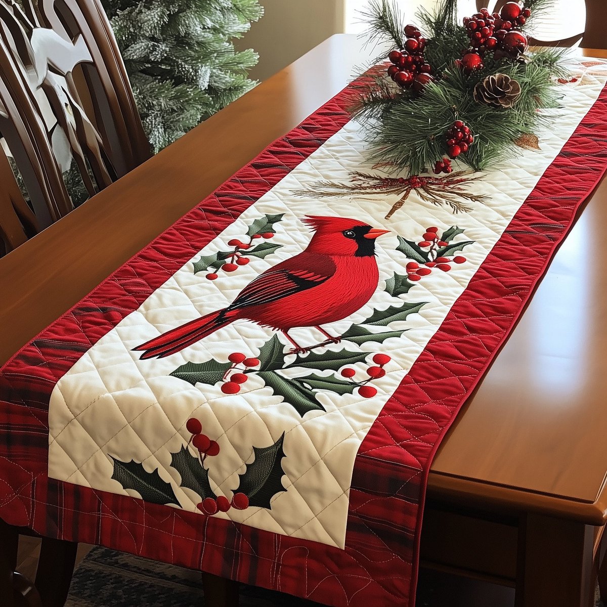 Cardinal with Holly on Cream Table Runner - Made to Order TABLE928