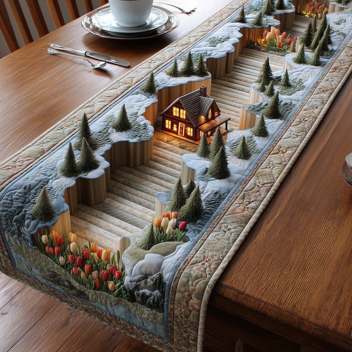 Cabin on Snowy Hill with Pines Table Runner - Made to Order TABLE928
