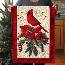Cardinal Perched on Poinsettia Branch Table Runner - Made to Order TABLE928