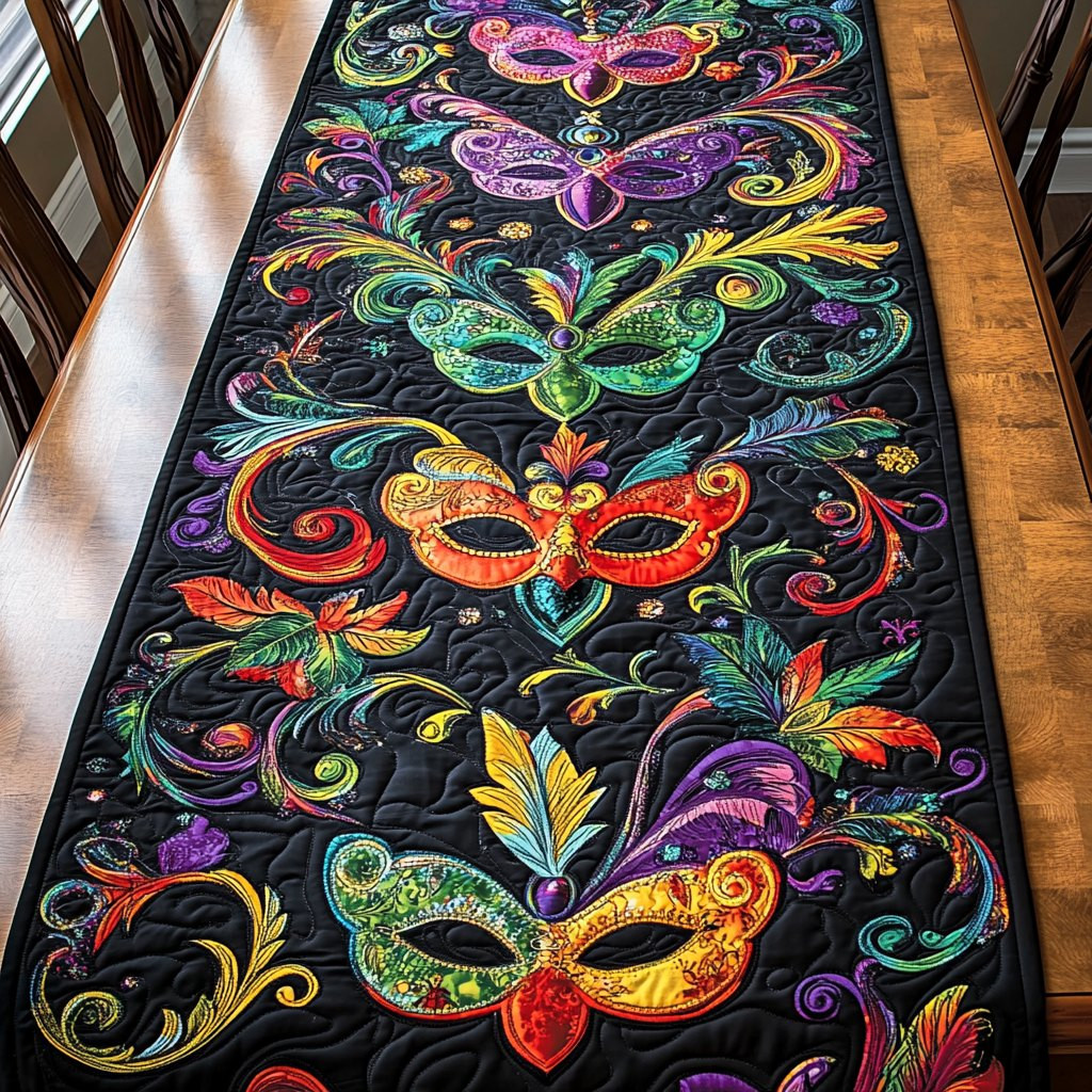 Carnival Masks on Black Scrollwork Table Runner - Made to Order TABLE928