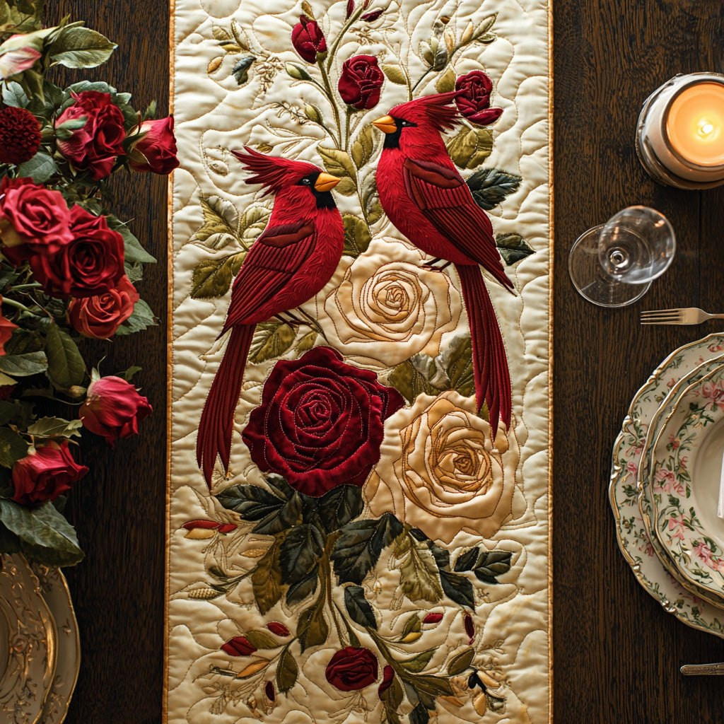 Cardinals with Red and Cream Roses Table Runner - Made to Order TABLE928