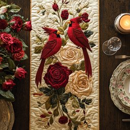Cardinals with Red and Cream Roses Table Runner - Made to Order TABLE928