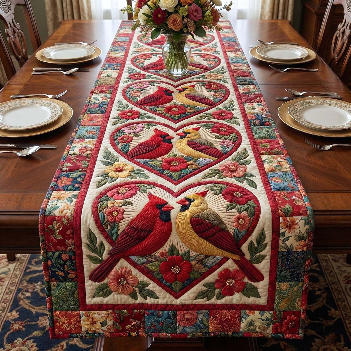 Cardinals in Floral Heart Frames Table Runner - Made to Order TABLE928