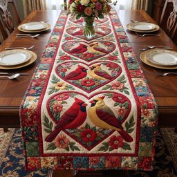 Cardinals in Floral Heart Frames Table Runner - Made to Order TABLE928