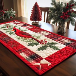 Cardinal on Red Tartan Border Table Runner - Made to Order TABLE928