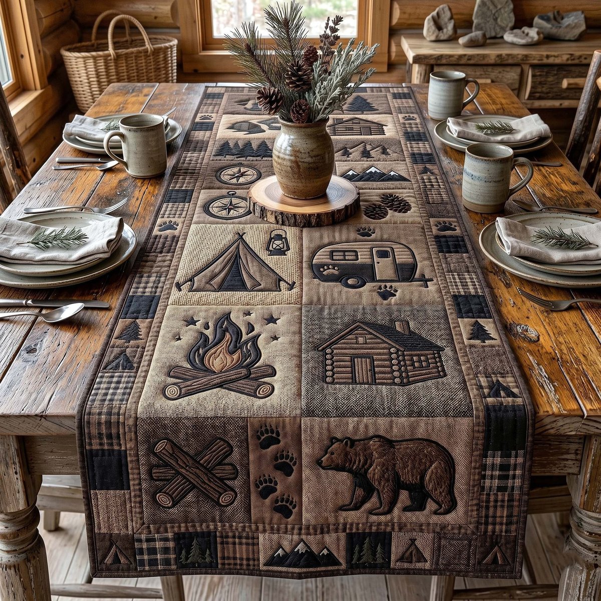 Campfire and Bear on Tan Blocks Table Runner - Made to Order TABLE928